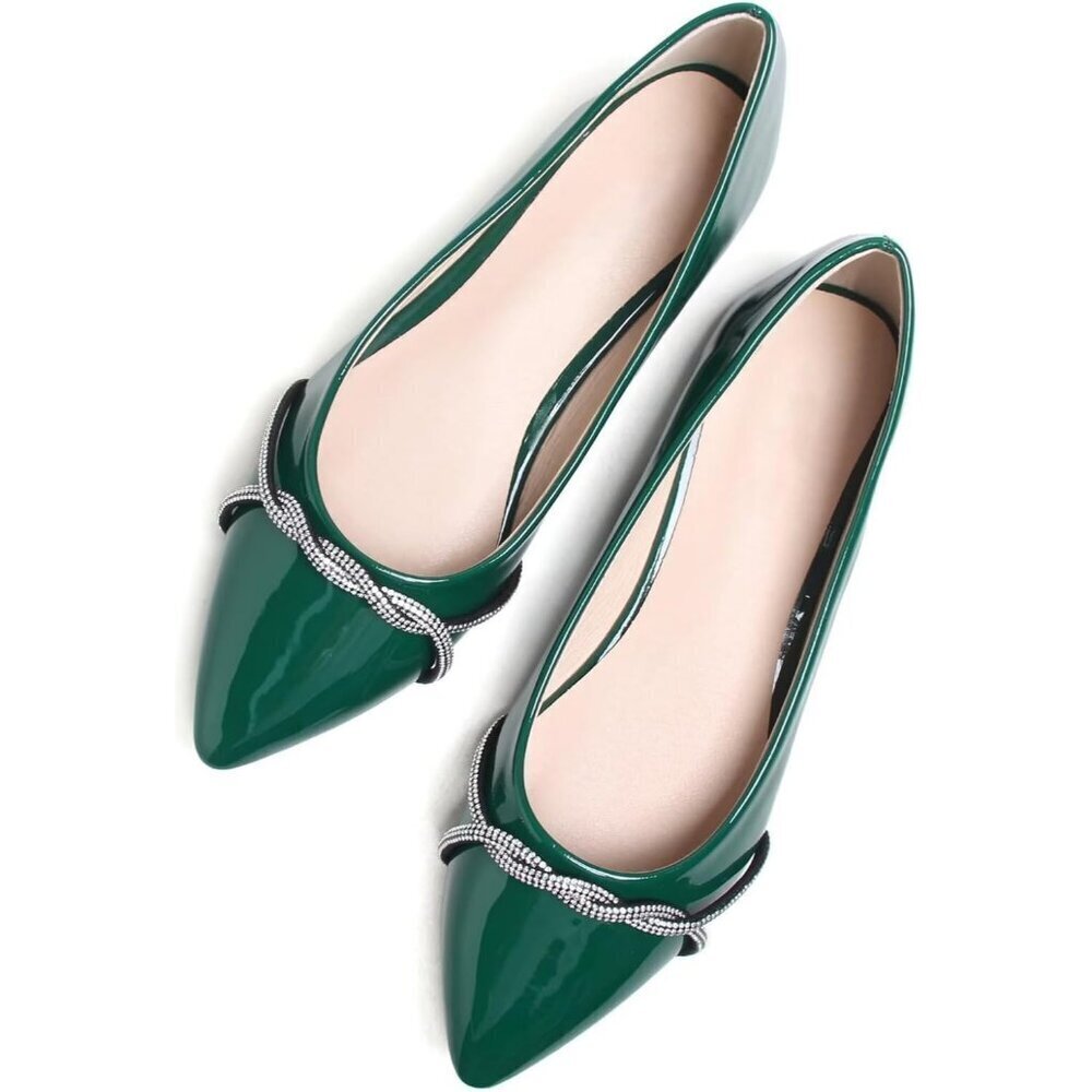 Women's Green Casual Flats Fashion Chain Pointed Toe Ballet Flat Rhinestone